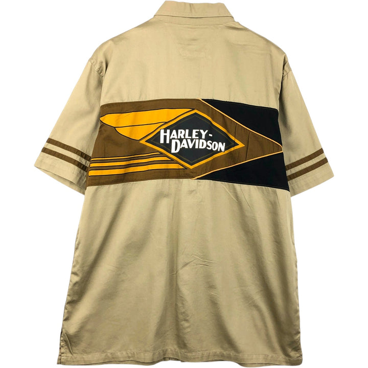 Harley-Davidson Hidden Button-Down Back Logo Short-Sleeve Work Shirt, Boxy Shirt, Men's Size M (approx.) cotton Khaki type Vintage Second Hand