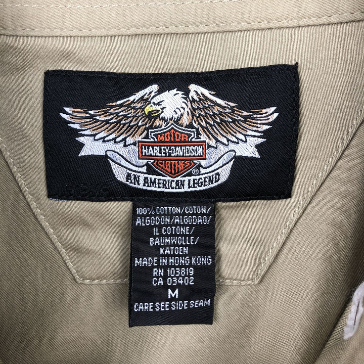 Harley-Davidson Hidden Button-Down Back Logo Short-Sleeve Work Shirt, Boxy Shirt, Men's Size M (approx.) cotton Khaki type Vintage Second Hand