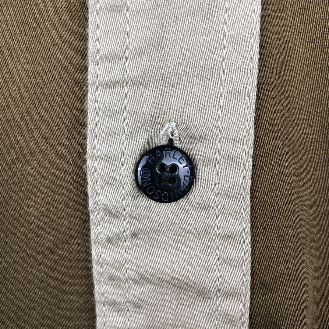 Harley-Davidson Hidden Button-Down Back Logo Short-Sleeve Work Shirt, Boxy Shirt, Men's Size M (approx.) cotton Khaki type Vintage Second Hand