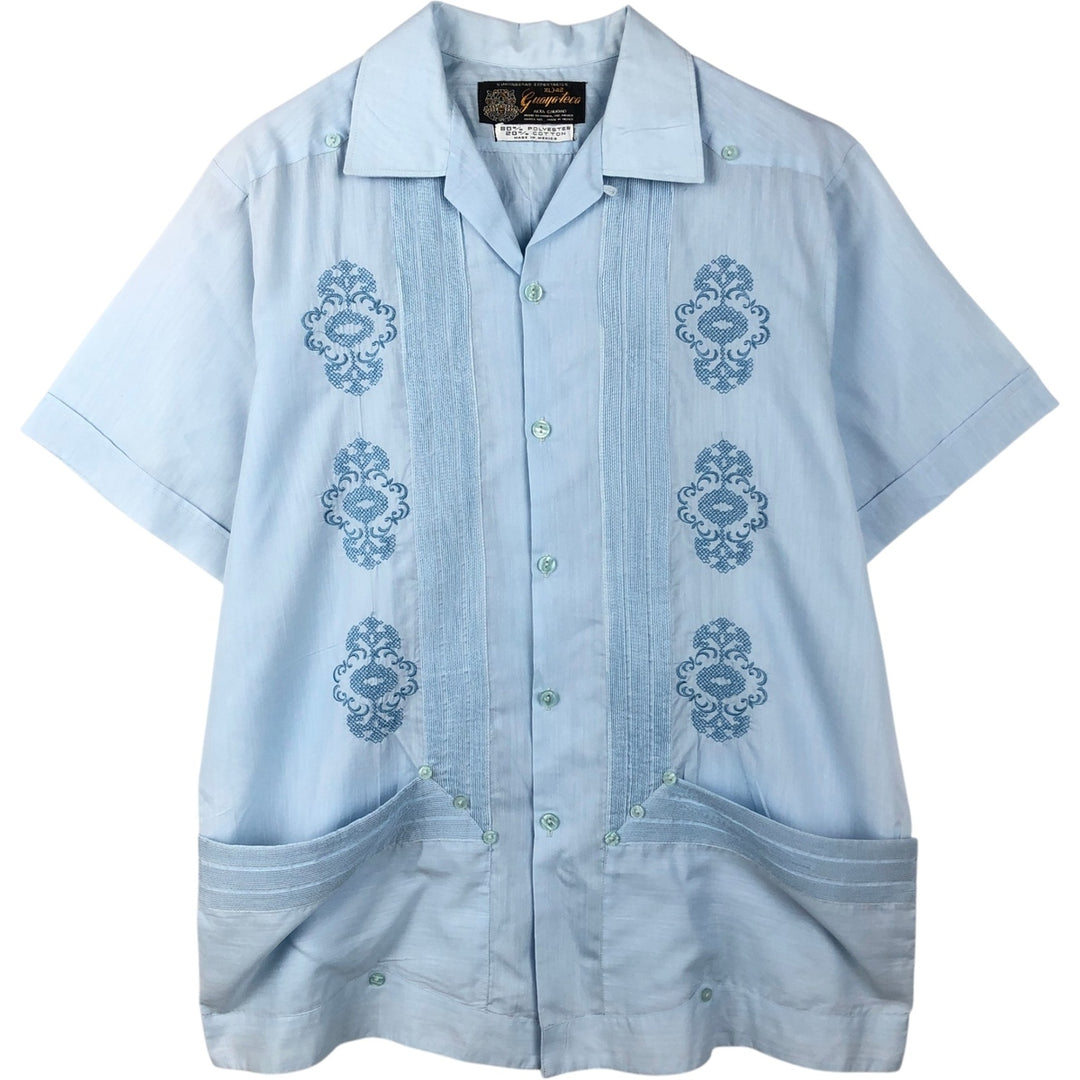Guayateca Short-Sleeve Open-Collar Mexican Shirt, Cuban Shirt, Boxy Shirt, Men's Size XL polyester Blue type light blue Vintage Second Hand