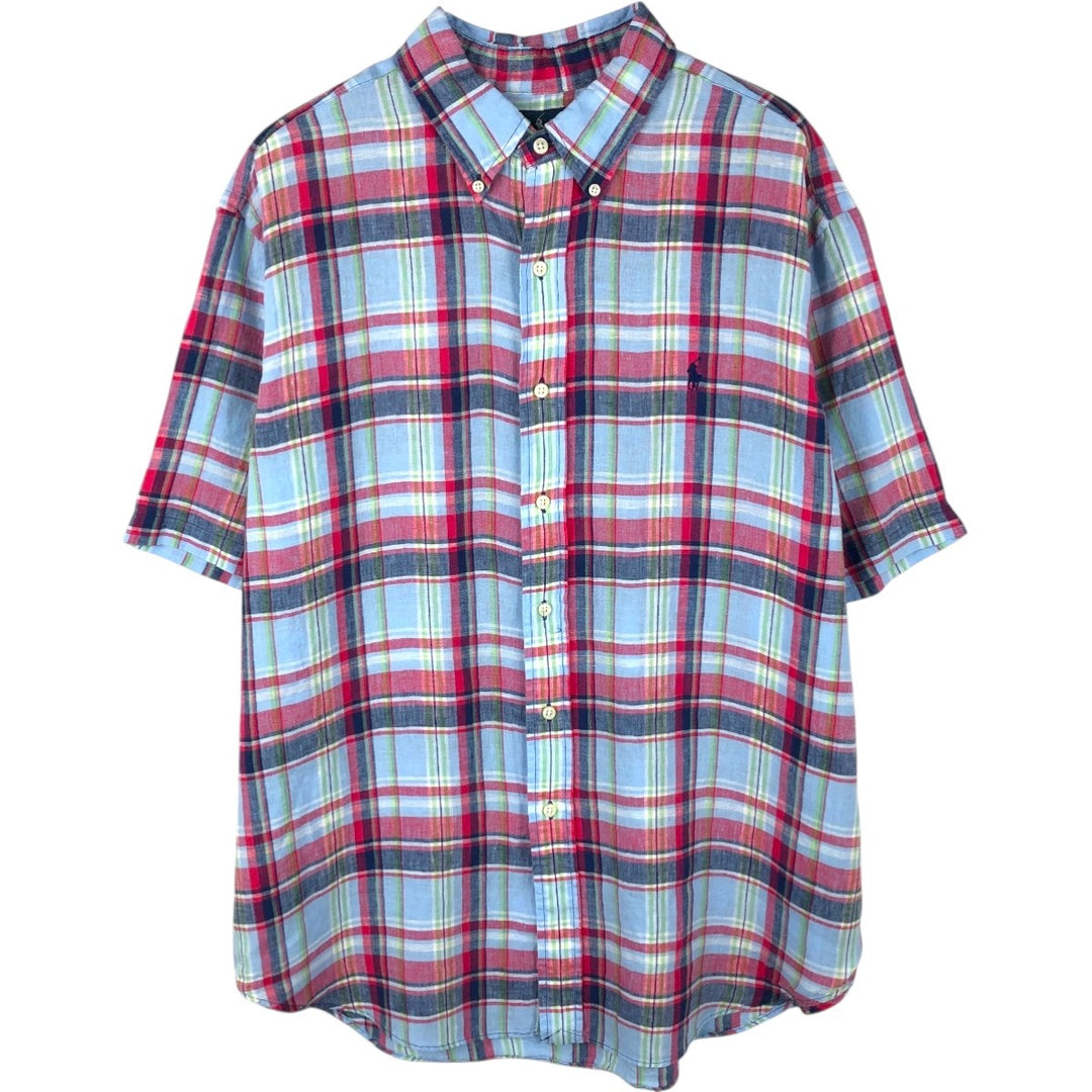 Ralph Lauren CLASSIC FIT Check Pattern Short-Sleeve Linen Button-Down Shirt, Men's Size XL (approx.) linen Blue type light blue Vintage Second Hand