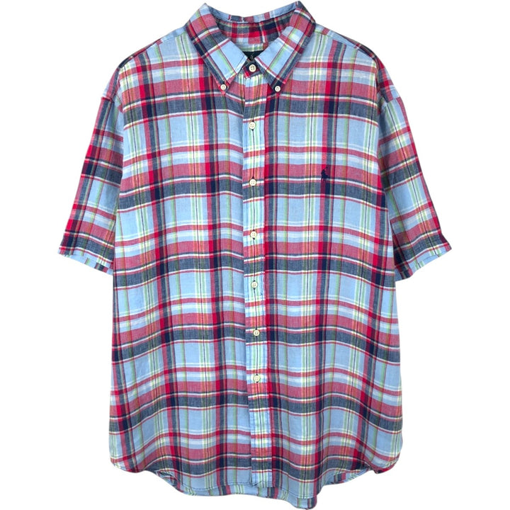 Ralph Lauren CLASSIC FIT Check Pattern Short-Sleeve Linen Button-Down Shirt, Men's Size XL (approx.) linen Blue type light blue Vintage Second Hand
