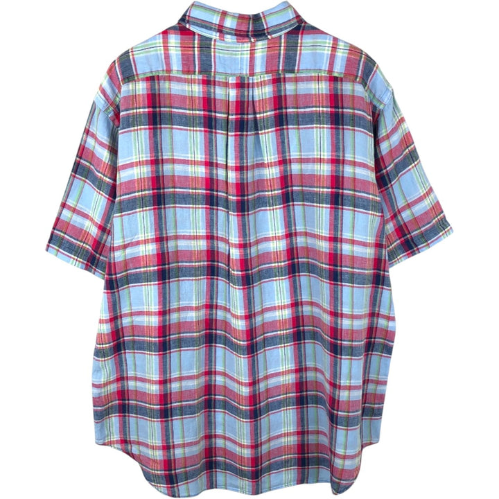 Ralph Lauren CLASSIC FIT Check Pattern Short-Sleeve Linen Button-Down Shirt, Men's Size XL (approx.) linen Blue type light blue Vintage Second Hand
