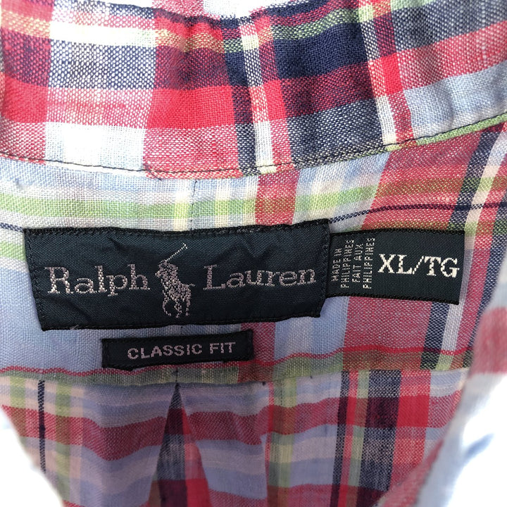 Ralph Lauren CLASSIC FIT Check Pattern Short-Sleeve Linen Button-Down Shirt, Men's Size XL (approx.) linen Blue type light blue Vintage Second Hand