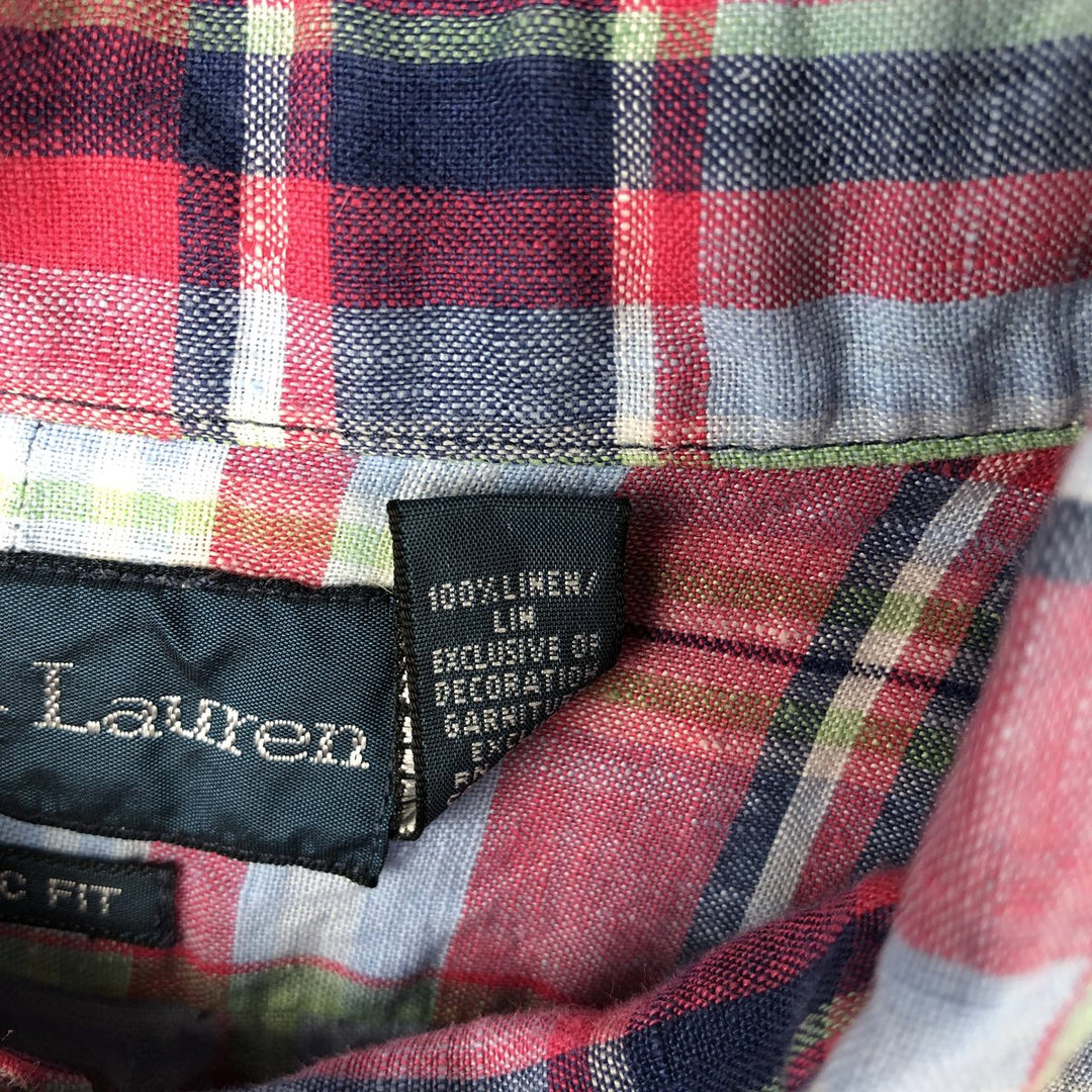 Ralph Lauren CLASSIC FIT Check Pattern Short-Sleeve Linen Button-Down Shirt, Men's Size XL (approx.) linen Blue type light blue Vintage Second Hand