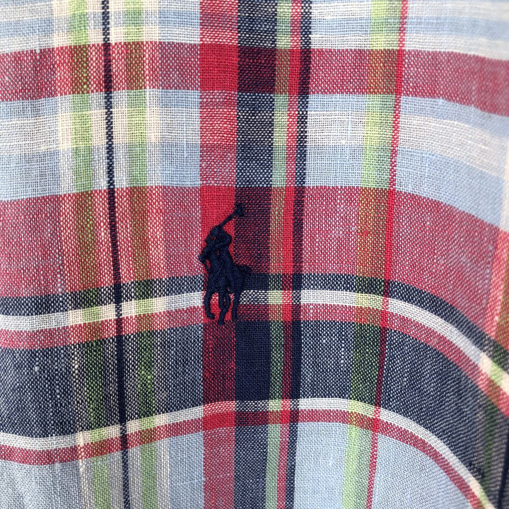 Ralph Lauren CLASSIC FIT Check Pattern Short-Sleeve Linen Button-Down Shirt, Men's Size XL (approx.) linen Blue type light blue Vintage Second Hand