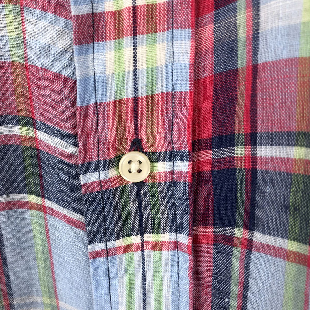 Ralph Lauren CLASSIC FIT Check Pattern Short-Sleeve Linen Button-Down Shirt, Men's Size XL (approx.) linen Blue type light blue Vintage Second Hand