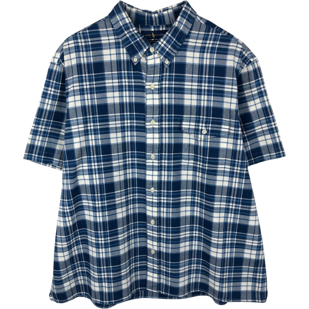 Ralph Lauren short-sleeved button-down check shirt, boxy fit, men's size XXL equivalent. cotton blue type Vintage Second Hand