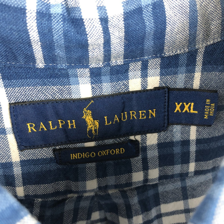Ralph Lauren short-sleeved button-down check shirt, boxy fit, men's size XXL equivalent. cotton blue type Vintage Second Hand