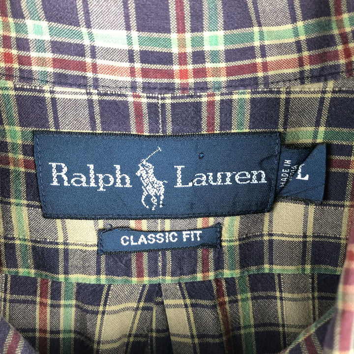 Ralph Lauren Classic Fit Short Sleeve Button Down Check Shirt Men's Size L cotton navy blue type Vintage Second Hand