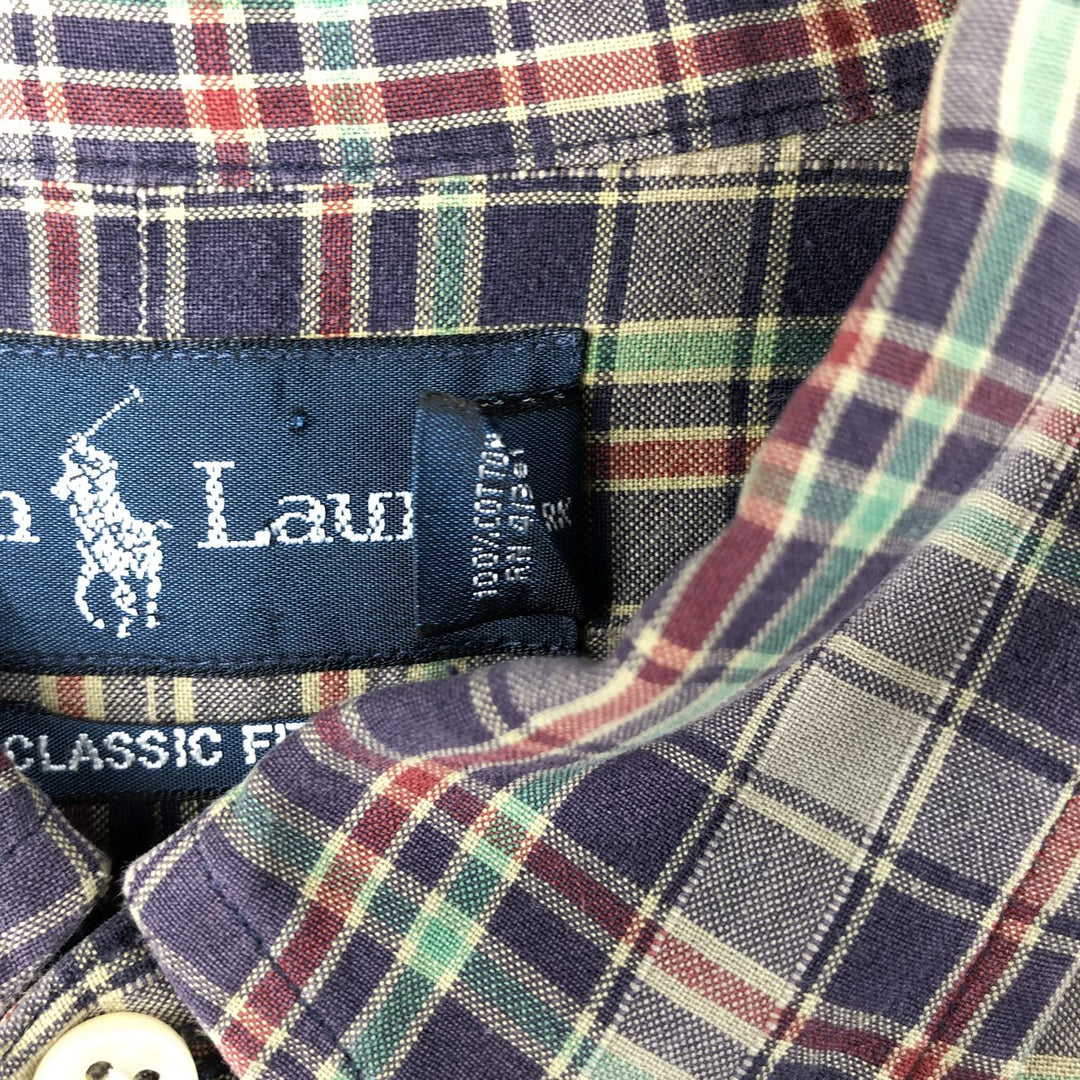 Ralph Lauren Classic Fit Short Sleeve Button Down Check Shirt Men's Size L cotton navy blue type Vintage Second Hand