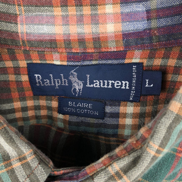 Ralph Lauren BLAIRE Madras Check Short-Sleeve Button-Down Check Shirt, Men's Size L (approx.) cotton green type Vintage Second Hand