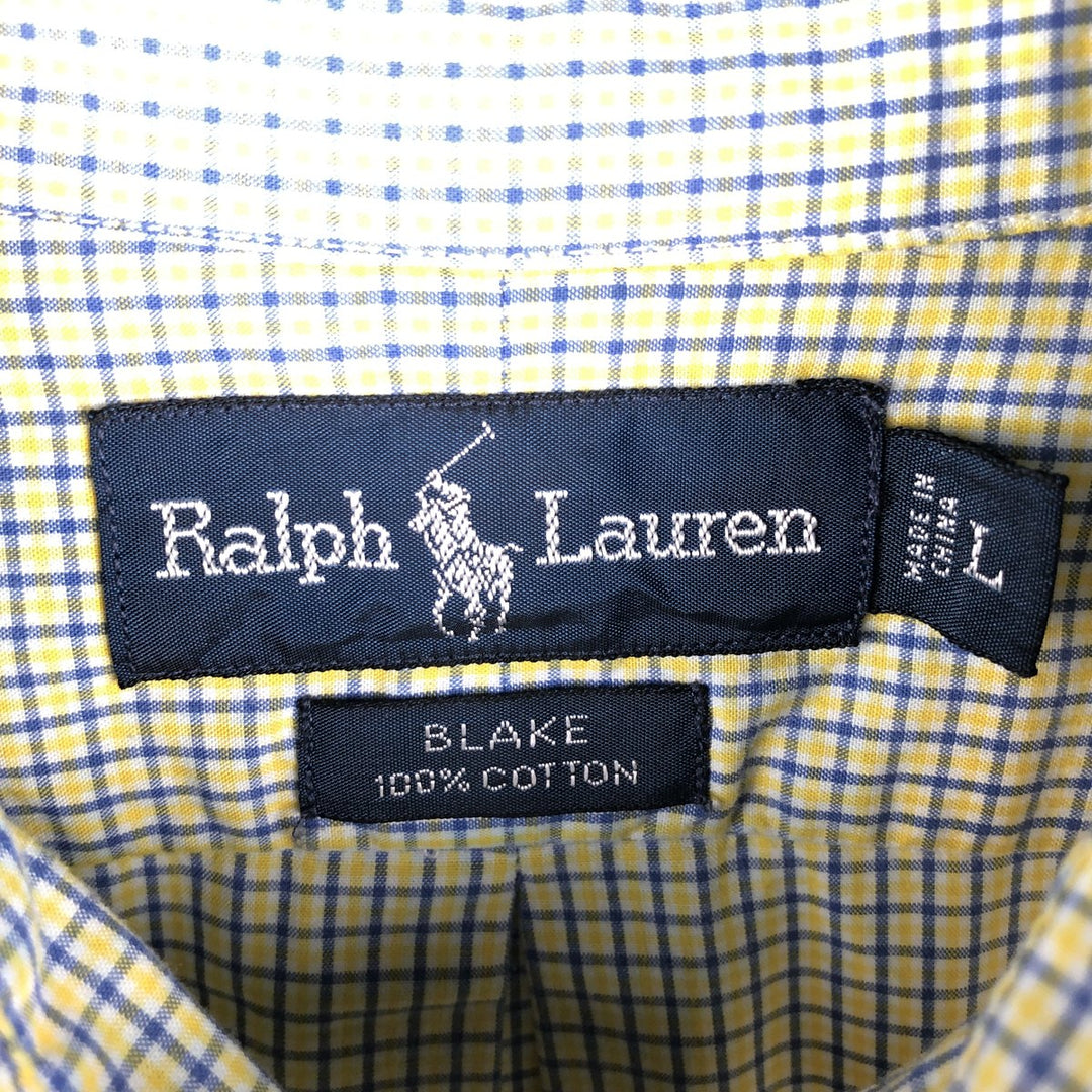 Ralph Lauren BLAKE short sleeve button down check shirt, men's size L cotton green type yellow green Vintage Second Hand