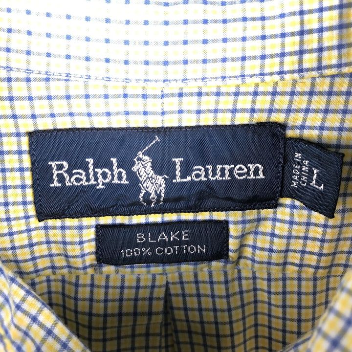 Ralph Lauren BLAKE short sleeve button down check shirt, men's size L cotton green type yellow green Vintage Second Hand