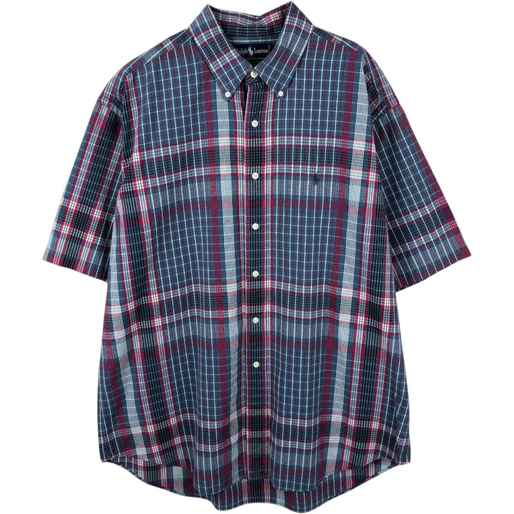Ralph Lauren Seersucker Short Sleeve Button-Down Check Shirt, Men's XL cotton navy blue type Vintage Second Hand