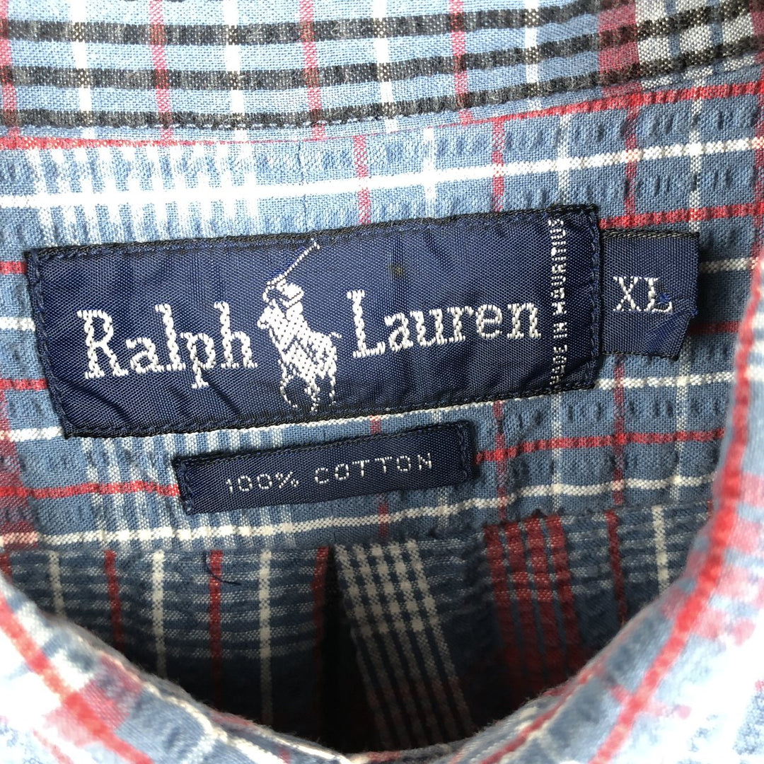 Ralph Lauren Seersucker Short Sleeve Button-Down Check Shirt, Men's XL cotton navy blue type Vintage Second Hand
