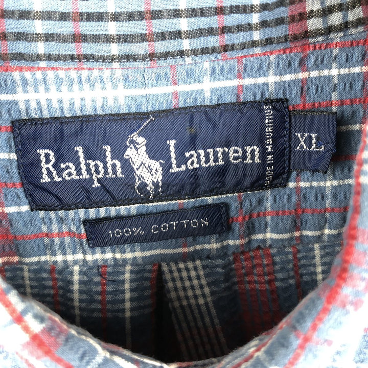 Ralph Lauren Seersucker Short Sleeve Button-Down Check Shirt, Men's XL cotton navy blue type Vintage Second Hand