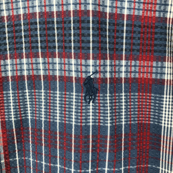 Ralph Lauren Seersucker Short Sleeve Button-Down Check Shirt, Men's XL cotton navy blue type Vintage Second Hand