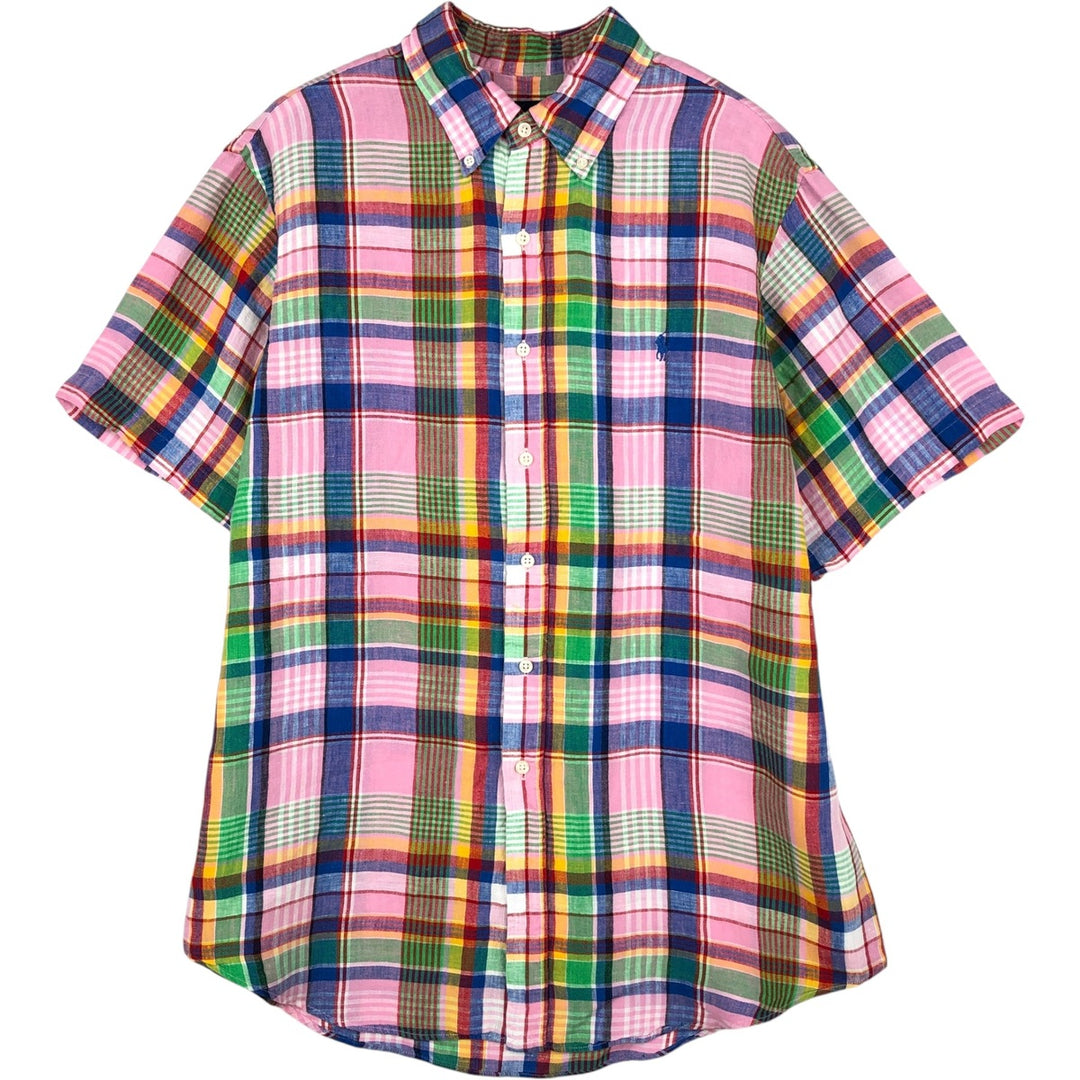 Ralph Lauren Check Pattern Short Sleeve Linen Button Down Shirt Men's Size L linen pink type Vintage Second Hand