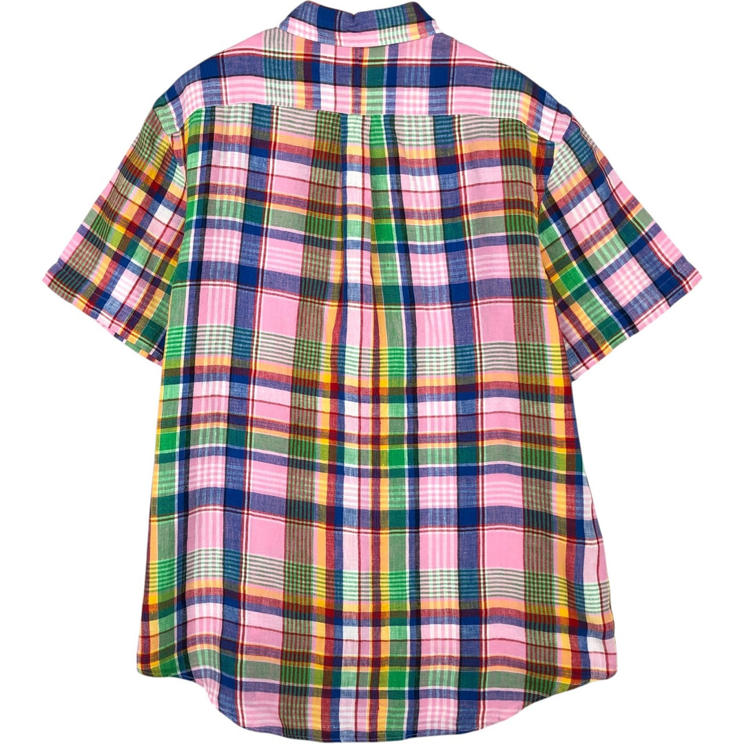 Ralph Lauren Check Pattern Short Sleeve Linen Button Down Shirt Men's Size L linen pink type Vintage Second Hand