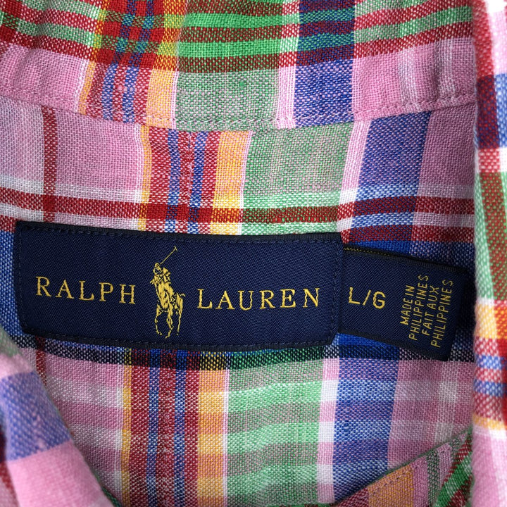 Ralph Lauren Check Pattern Short Sleeve Linen Button Down Shirt Men's Size L linen pink type Vintage Second Hand