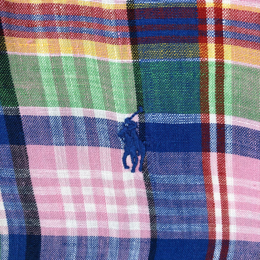 Ralph Lauren Check Pattern Short Sleeve Linen Button Down Shirt Men's Size L linen pink type Vintage Second Hand
