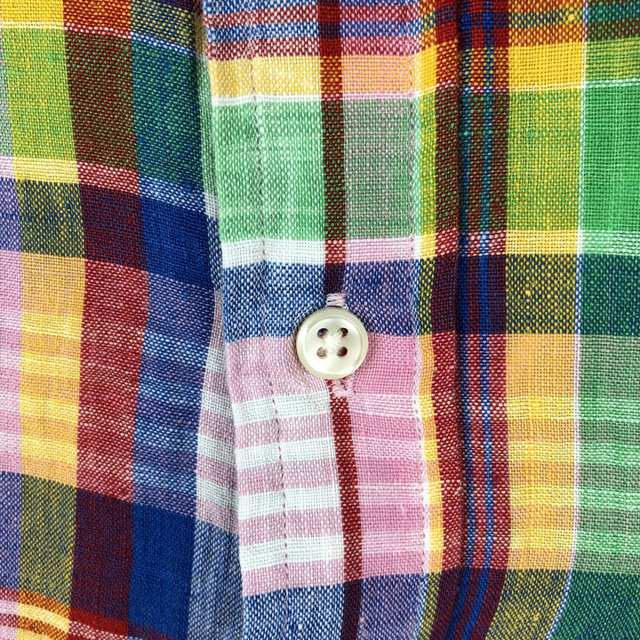 Ralph Lauren Check Pattern Short Sleeve Linen Button Down Shirt Men's Size L linen pink type Vintage Second Hand