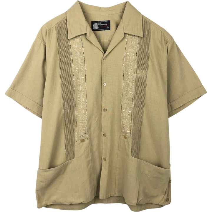 Villanueva Short-Sleeve Open-Collar Mexican Shirt, Cuban Shirt, Boxy Shirt, Men's Size L (Equivalent), Vintage unclear Beige type Vintage Second Hand