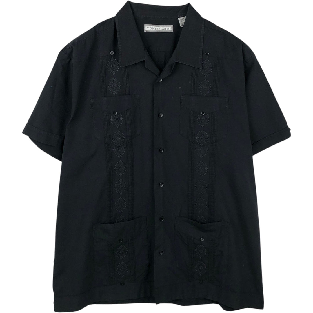 MONTE CARLO Short Sleeve Open Collar Mexican Shirt Cuban Shirt Box Shirt Men's XL polyester black type Vintage Second Hand