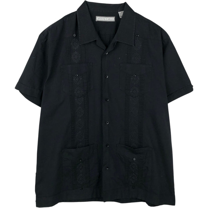 MONTE CARLO Short Sleeve Open Collar Mexican Shirt Cuban Shirt Box Shirt Men's XL polyester black type Vintage Second Hand