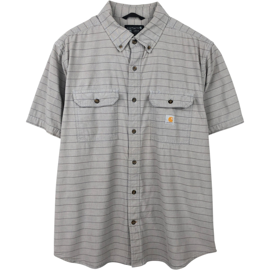 Carhartt Loose Fit Striped Pattern Button-Down Short-Sleeve Work Shirt (Men's XL equivalent) cotton gray type Vintage Second Hand