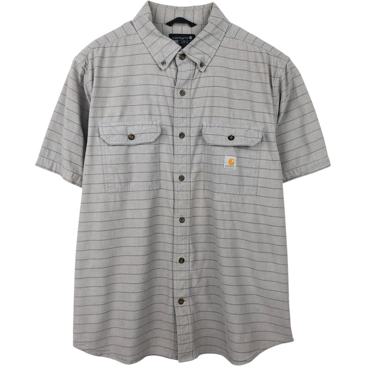 Carhartt Loose Fit Striped Pattern Button-Down Short-Sleeve Work Shirt (Men's XL equivalent) cotton gray type Vintage Second Hand
