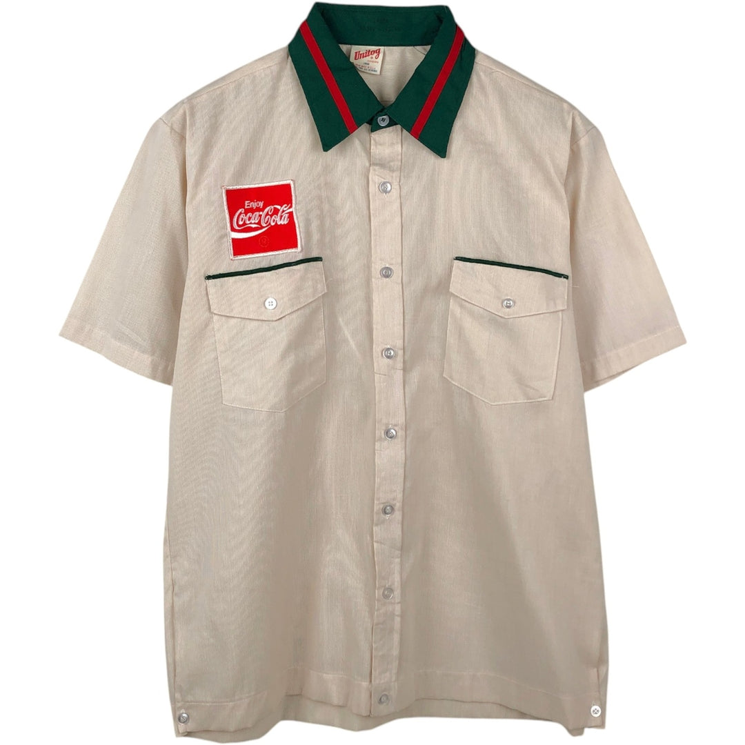 70s-80'S Unitog COCA-COLA Stripe Pattern Short-Sleeve Work Shirt, Boxy Shirt, Made in USA, Men's Size L (Equivalent), Vintage polyester Beige type Vintage Second Hand