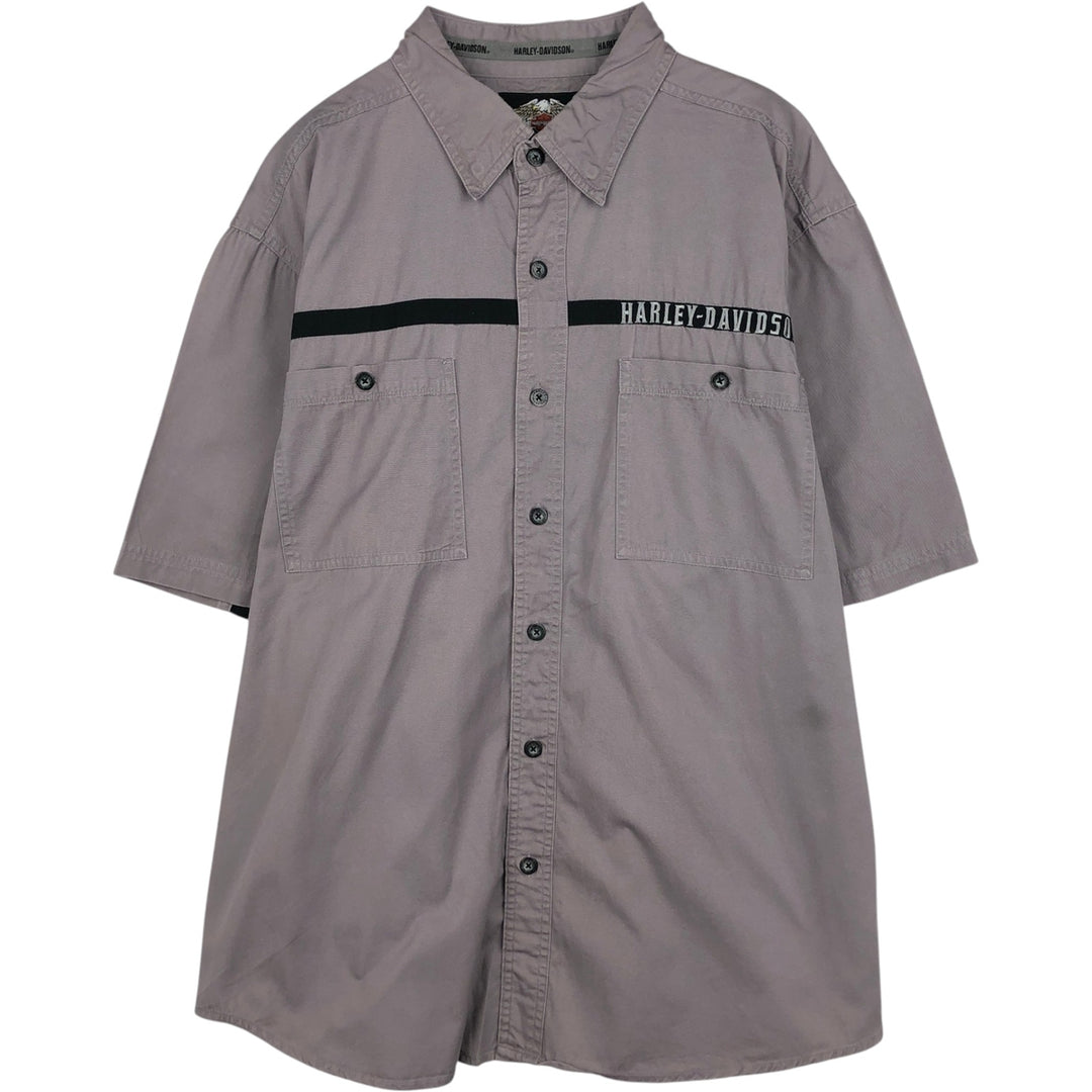 Harley-Davidson Fire Pattern Hidden Button-Down Short-Sleeve Work Shirt, Men's Size XL (approx.) cotton gray type Vintage Second Hand