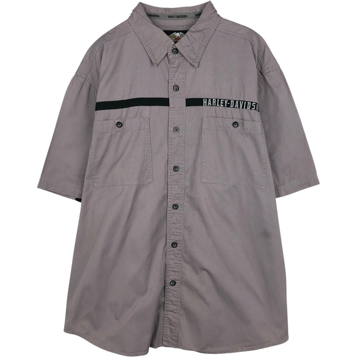 Harley-Davidson Fire Pattern Hidden Button-Down Short-Sleeve Work Shirt, Men's Size XL (approx.) cotton gray type Vintage Second Hand