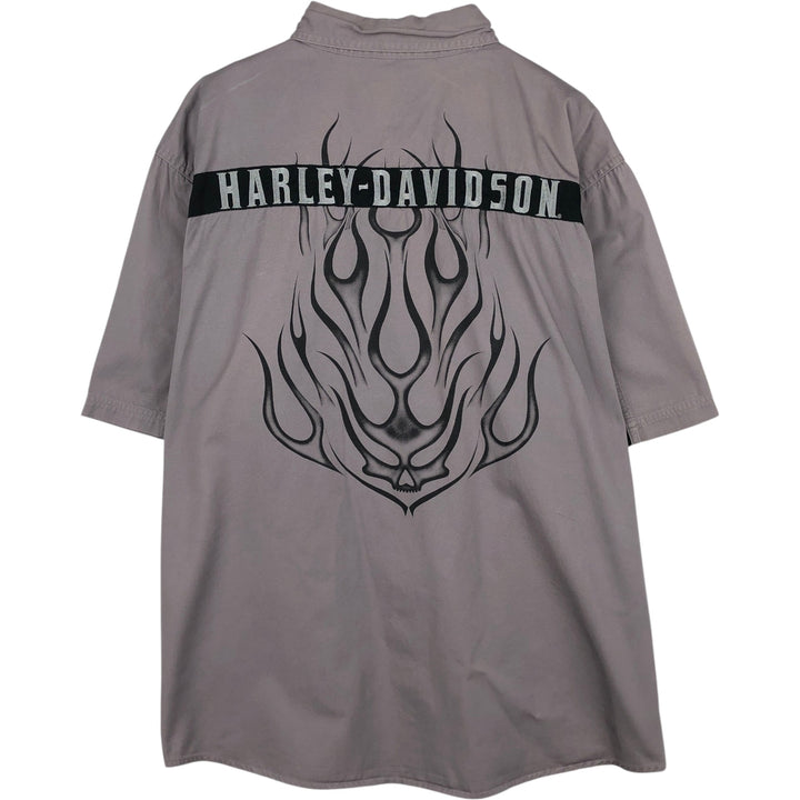 Harley-Davidson Fire Pattern Hidden Button-Down Short-Sleeve Work Shirt, Men's Size XL (approx.) cotton gray type Vintage Second Hand