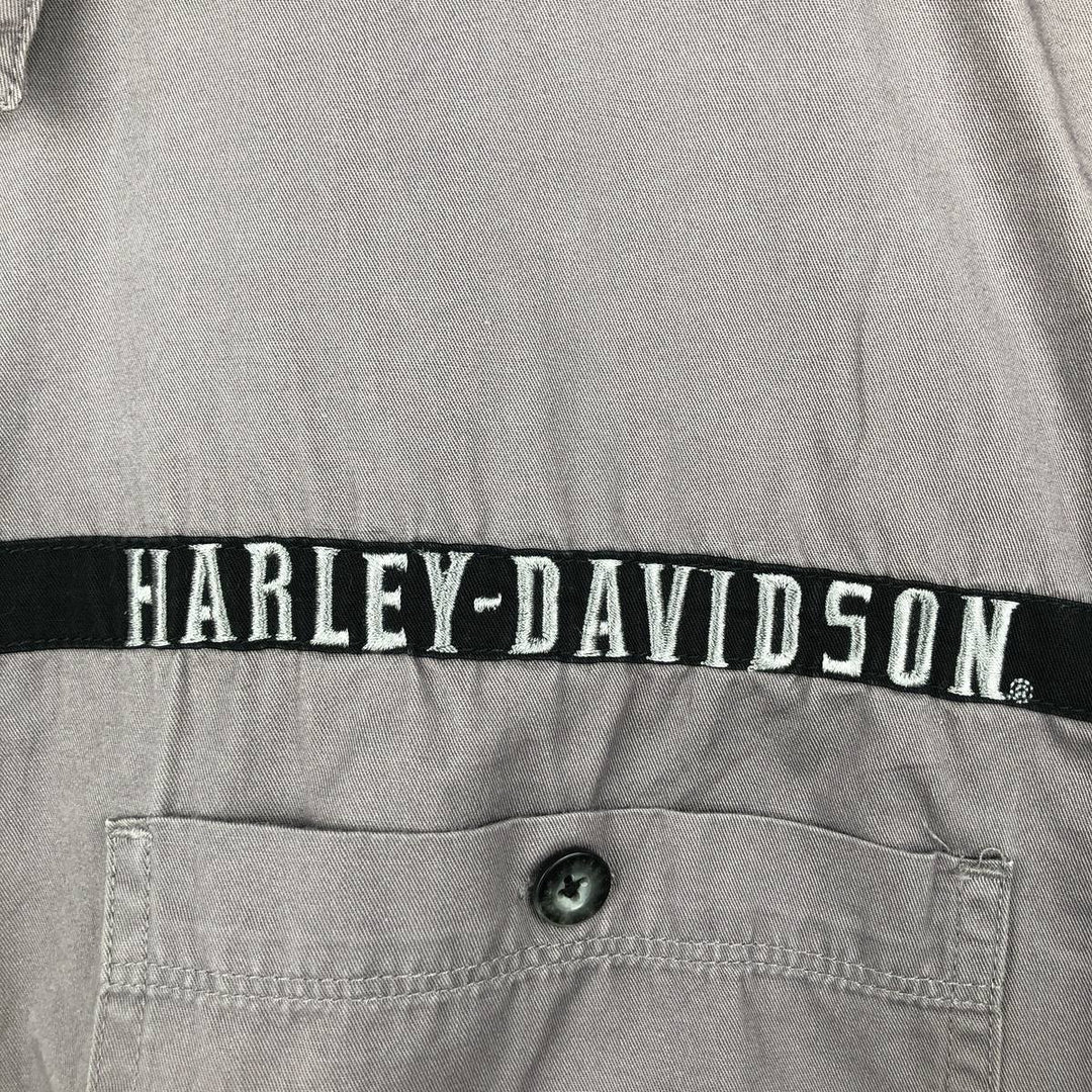 Harley-Davidson Fire Pattern Hidden Button-Down Short-Sleeve Work Shirt, Men's Size XL (approx.) cotton gray type Vintage Second Hand