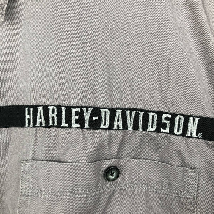 Harley-Davidson Fire Pattern Hidden Button-Down Short-Sleeve Work Shirt, Men's Size XL (approx.) cotton gray type Vintage Second Hand