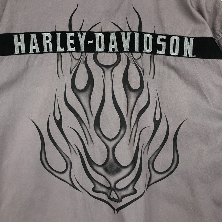Harley-Davidson Fire Pattern Hidden Button-Down Short-Sleeve Work Shirt, Men's Size XL (approx.) cotton gray type Vintage Second Hand