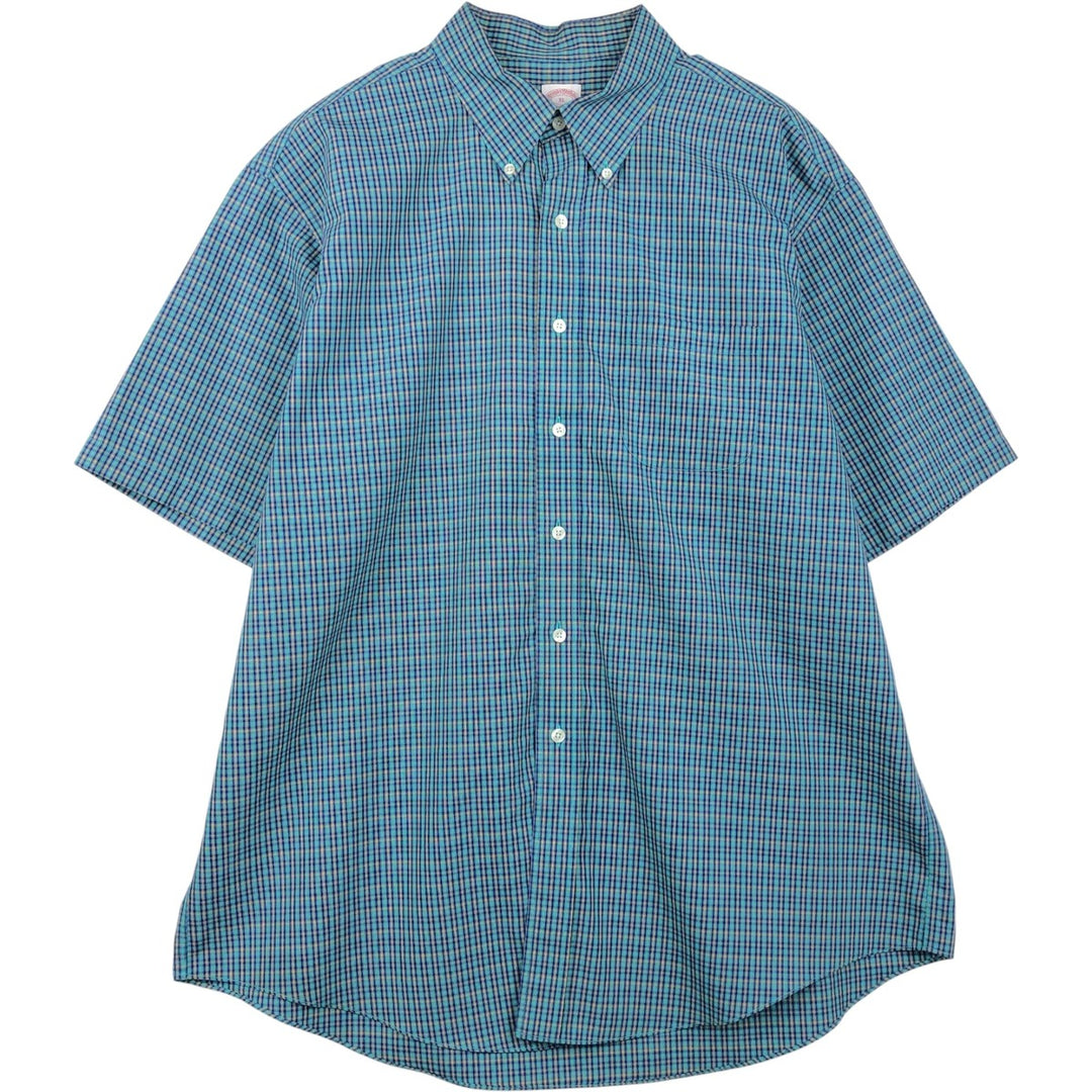 Brooks Brothers Short Sleeve Button Down Check Shirt Men's XL cotton turquoise blue Vintage Second Hand