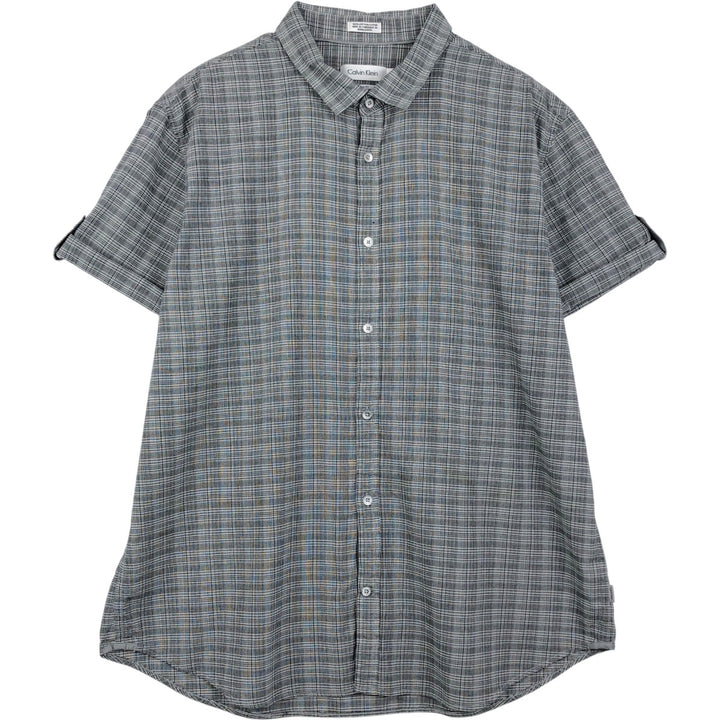 2000'S Calvin Klein classic fit short-sleeved cotton check shirt, men's size XL equivalent. cotton gray type Vintage Second Hand