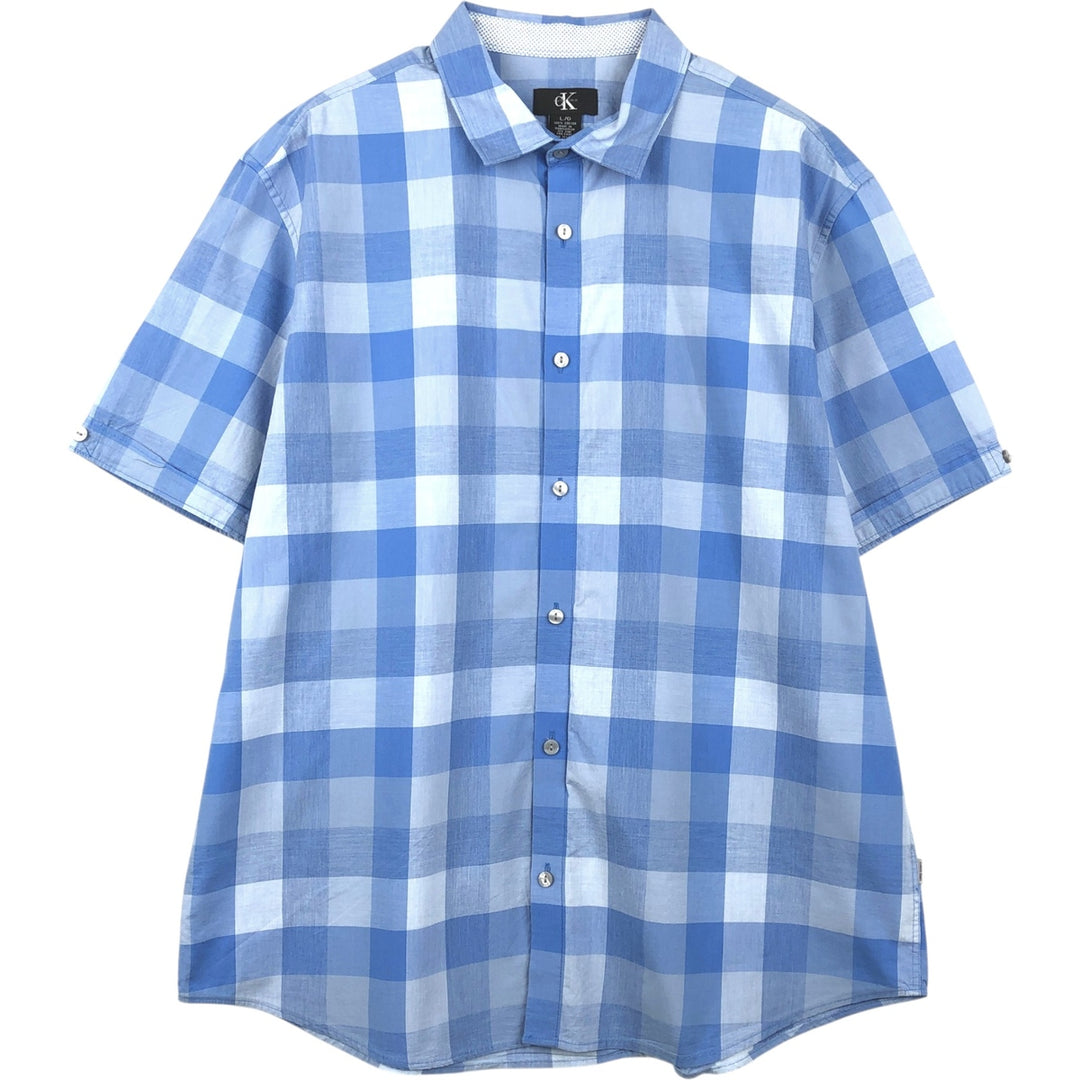 Calvin Klein short sleeve cotton check shirt, men's size L cotton Blue type light blue Vintage Second Hand