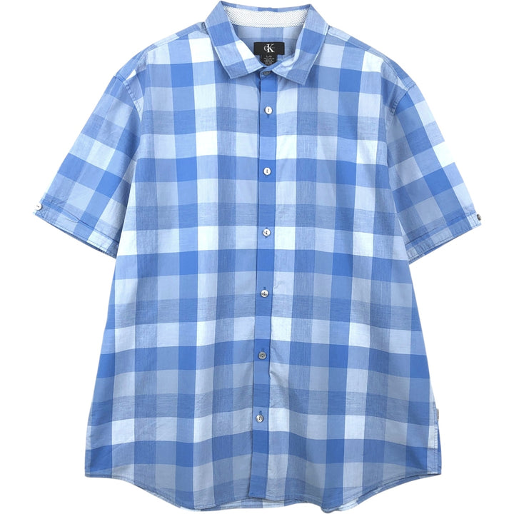 Calvin Klein short sleeve cotton check shirt, men's size L cotton Blue type light blue Vintage Second Hand