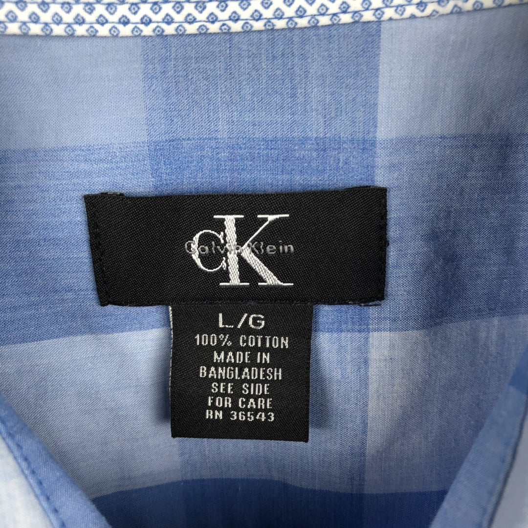 Calvin Klein short sleeve cotton check shirt, men's size L cotton Blue type light blue Vintage Second Hand