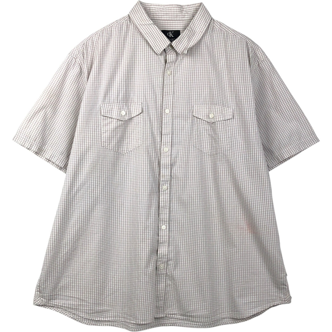Calvin Klein gingham check short-sleeved cotton check shirt, men's size XXL equivalent. cotton Beige type Vintage Second Hand