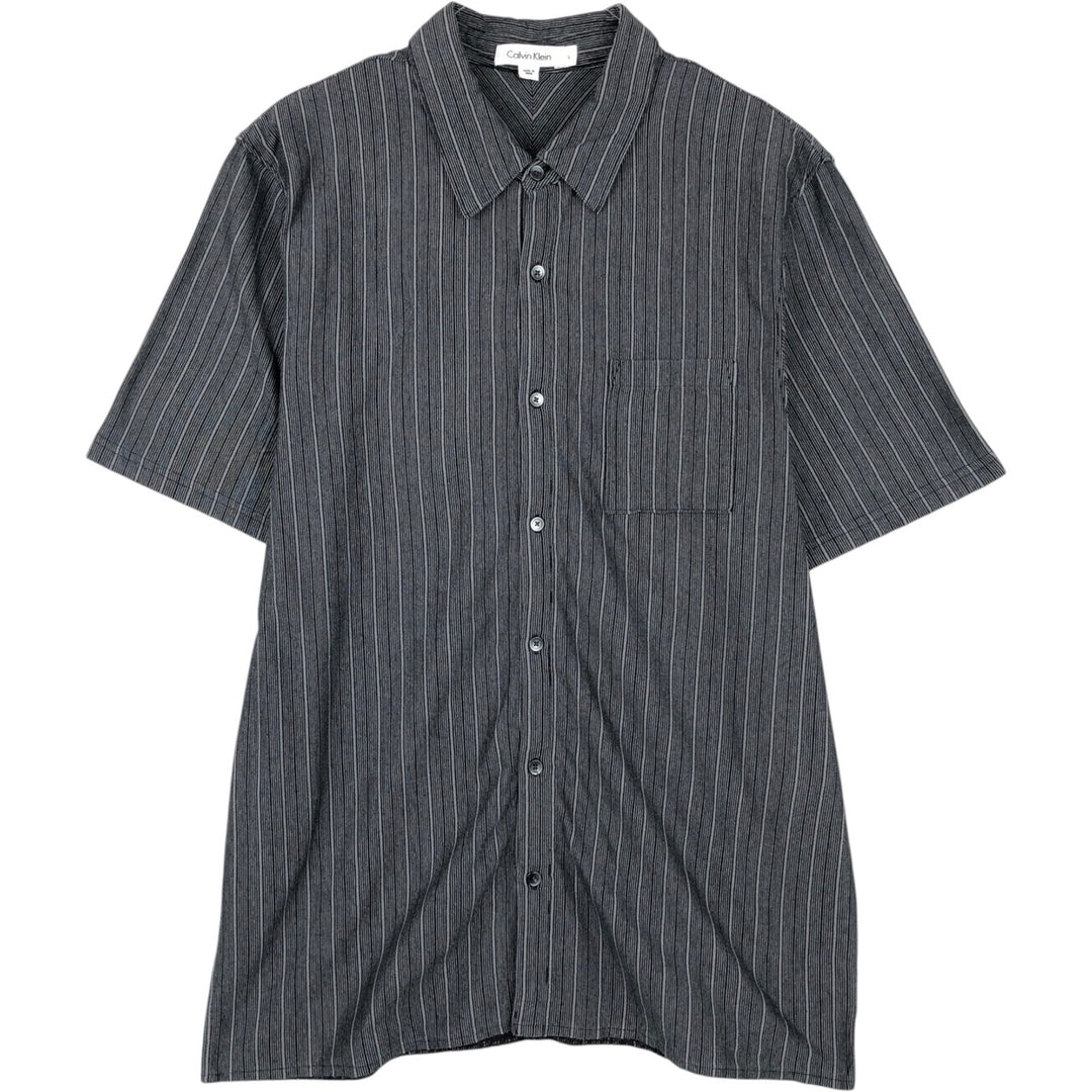 2000'S Calvin Klein Short-Sleeve Cotton Striped Shirt, Boxy Fit, Men's Size L (approx.) cotton Charcoal Vintage Second Hand