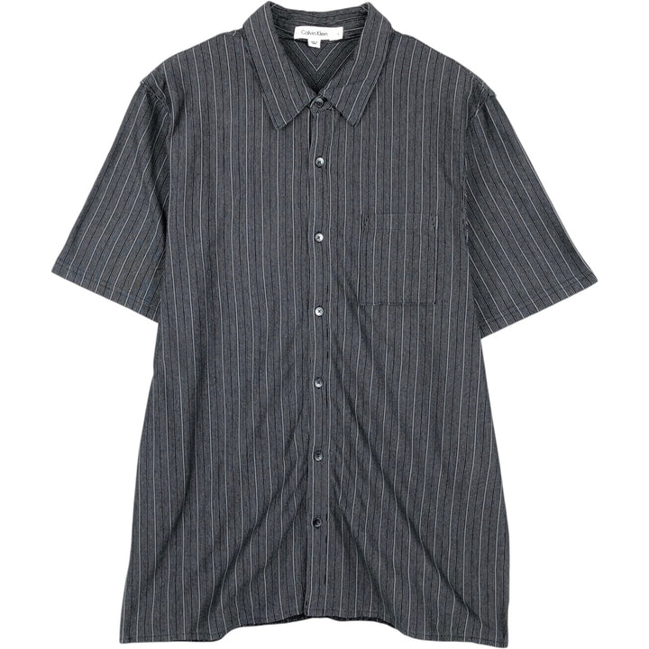 2000'S Calvin Klein Short-Sleeve Cotton Striped Shirt, Boxy Fit, Men's Size L (approx.) cotton Charcoal Vintage Second Hand