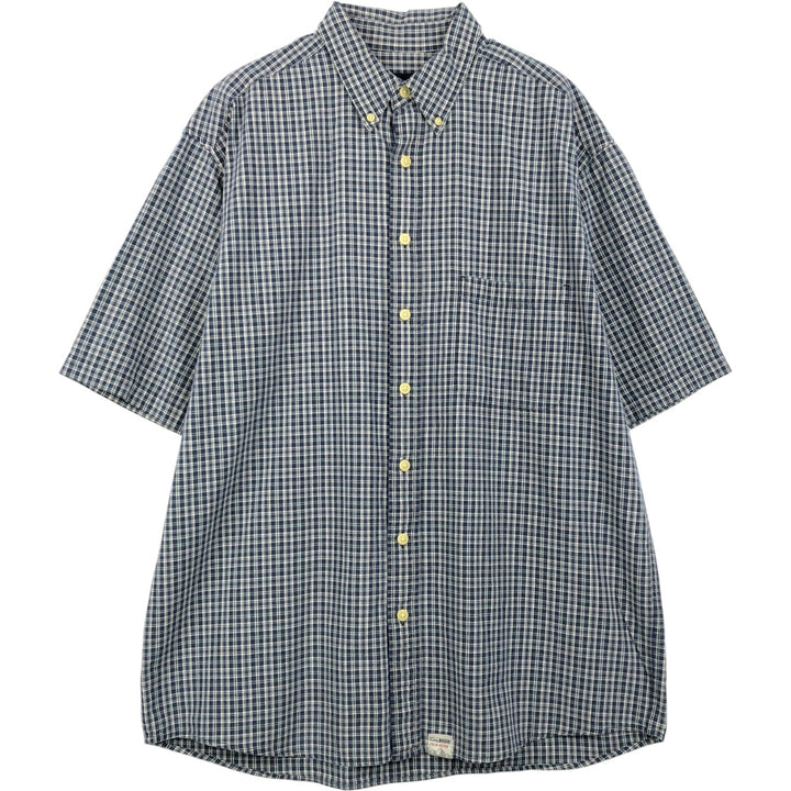 Eddie Bauer short sleeve button down check shirt, men's size L cotton navy blue type Vintage Second Hand