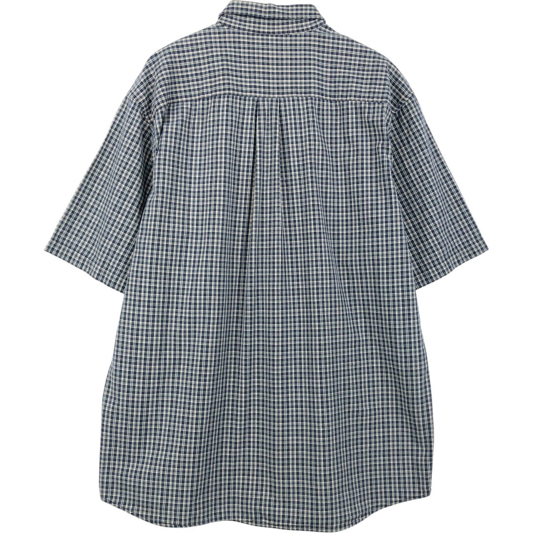 Eddie Bauer short sleeve button down check shirt, men's size L cotton navy blue type Vintage Second Hand