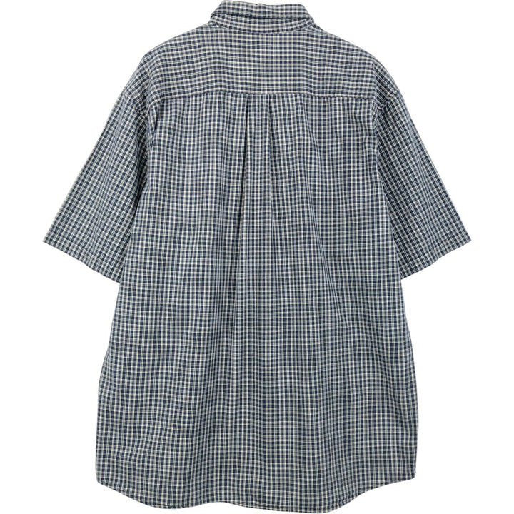 Eddie Bauer short sleeve button down check shirt, men's size L cotton navy blue type Vintage Second Hand